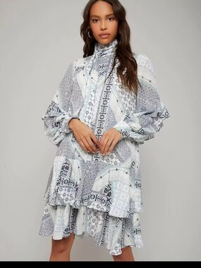 SHEIN White and Black Patterned Ruffle Mini Dress